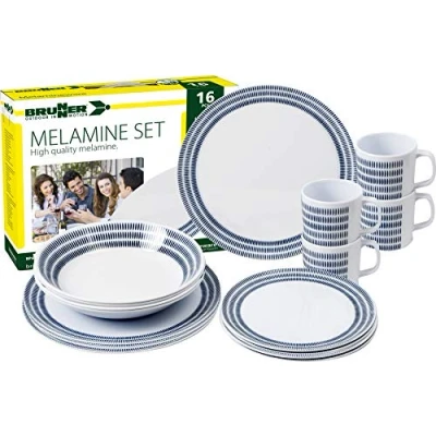 Afbeelding van BRUNNER Campingserviesset (16 delige set) voor 4 personen, melamine set Bluebay, van hoogwaardig melamine, antislip en duurzaam