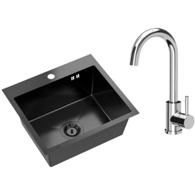 Afbeelding van VBCHOME Roestvrij stalen spoelbak met kraan, 50 x 45 cm, inbouwspoelbak kraangat, keukenspoelbak, grote wastafel, afvoergarnituur, sifon, RVS, zwart, zilver chroom armatuur flexibele uitloop