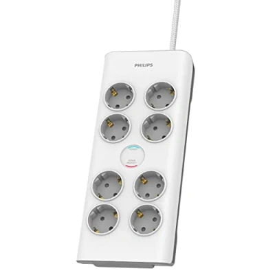Afbeelding van Philips SPN7080WA/10 Stekkerdoos met 8 stopcontacten, stroomvergrendeling, 3.680 W, gevlochten netsnoer, 2 m hoogvast, veiligheidssluiting (Prot led display 900J)