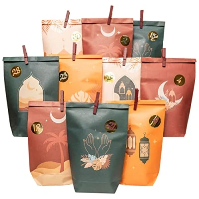 Afbeelding van Papierdrachen Ramadan kalender, doe het zelf, om te vullen, voor kinderen en volwassenen, bedrukte zakjes van kraftpapier in boho stijl, neer zetten decoreren, Eid Mubarak, herbruikbaar, set 8