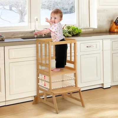 Afbeelding van ​COSYLAND Leertoren vanaf 1 Jaar Kinderstoel van Bamboe Met Kantelbeveiliging, Antislipmatten, 2 Treden en Veiligheidsbeugel Voor Keuken Kinderkamer Verstelbare Hoogte​ Naturel