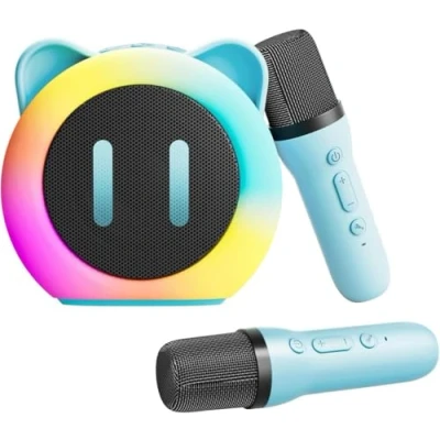 Afbeelding van karaoke machine voor kinderen, draadloos, Bluetooth, 2 microfoons, draagbaar, microfoon, stemverandering met ledverlichting, cadeau speelgoed jongens en meisjes (blauw)