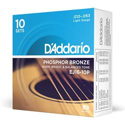 Afbeelding van D&#039;Addario gitaarsnaren westerngitaar akoestische gitaar het populairste snarenmerk EJ16 10P fosforbrons licht (12 53) 10 stuks