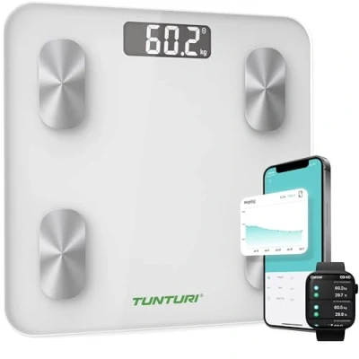Afbeelding van Tunturi weegschaal Personenweegschaal Bluetooth 180kg Gebruikersgewicht Slimme met app Kleur: wit incl. lichaamsanalyse