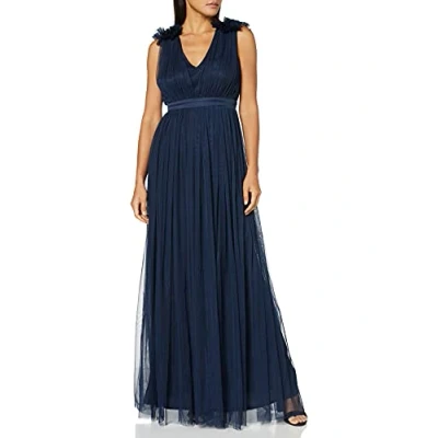 Afbeelding van Maya Deluxe Dames Maxi Jurk met Ruche V hals Mouwloze Hoge Rijk Taille Lang voor Prom Gast Bruiloft Bruidsmeisje, marineblauw, 36