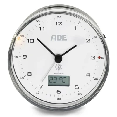 Afbeelding van ADE radiografische analoge wekker zonder tikken klok met temperatuurweergave &amp; kalender stille licht batterij kleine om neer te zetten zwart