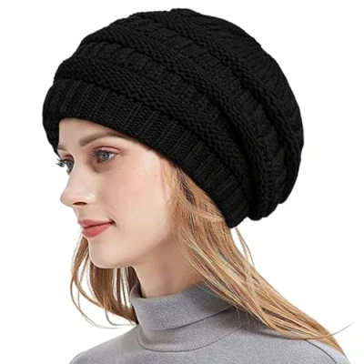 Afbeelding van UILYNIU Gebreide muts voor dames, satijnen gevoerde beanie hoeden, winterhoeden warme wintermuts, thermische wintermutsen, skischedel pet slouchy vrouwen (zwart),