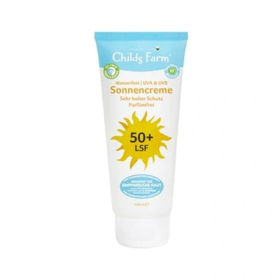 Afbeelding van Childs Farm Zonnecrème voor kinderen en baby&#039;s, zeer hoge bescherming met SPF 50+, waterbestendig, UVA UVB bescherming, 100 ml. Geschikt droge, gevoelige of ook tot eczeem neigende huid