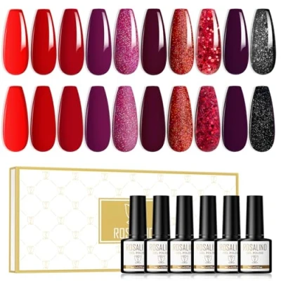 Afbeelding van ROSALIND Gel Nagellak 10 Kleuren Shellac Set Rood Serie Gellak Licht Donkerrood Paars Zwart Glitter Soak Off UV/LED Nail Polish Art Manicure Herfst en Winter 8ml