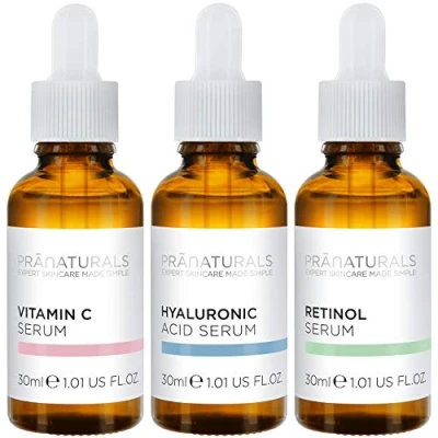 Afbeelding van PraNaturals Skin Perfector Face Serums Kit 3x30ml, Hyaluronzuur, Retinol &amp; Vitamine C, Huidverzorging Tegen Veroudering, Verwijdert Fijne Lijntjes en Rimpels, Verrijkt met natuurlijke oliën