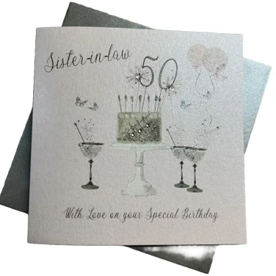 Afbeelding van Happy 50th Birthday Card Sister in Law Champagne Bril Roze Rozen door Witte Katoenen Kaarten SS42 SIL50