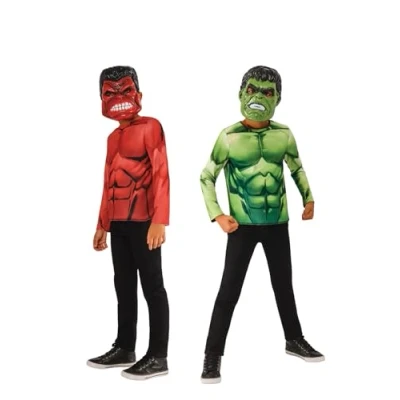 Afbeelding van Rubies Officiële Marvel Hulk omkeerbare top en maskers, kinderen superheld verkleedkleding, maat 7 8 jaar