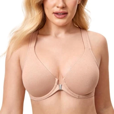 Afbeelding van DELIMIRA Vrouwen Front Sluiting Racerback Bras Plunge Ongevoerd Onderdraad Volledige Dekking Naadloze BH B H Cups, Havermout Heather, 385D