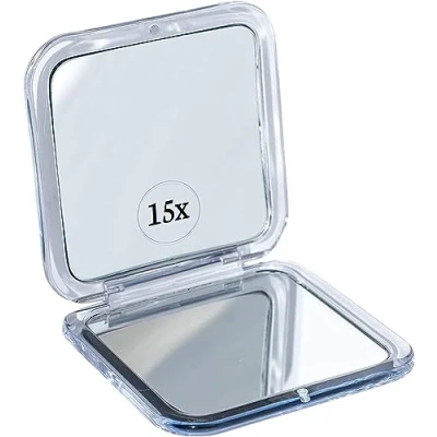 Afbeelding van MIRRORVANA Kleine compacte 15x vergrotende spiegel voor op reis handheld, opvouwbaar en zeer lichtgewicht mini zakformaat vergrote portemonnee vierkant 8 cm x