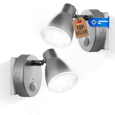Afbeelding van Trango pakje van 2 LED sensor nachtverlichting 2635 024 in zilver met automatische functie 230V bewegingssensor, veiligheidslamp, stopcontactlamp, wandlamp, oriëntatieverlichting, nachtlampje