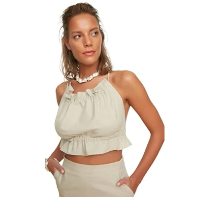 Afbeelding van Trendyol Bruine Geplooide Linnen Textuur Blouse