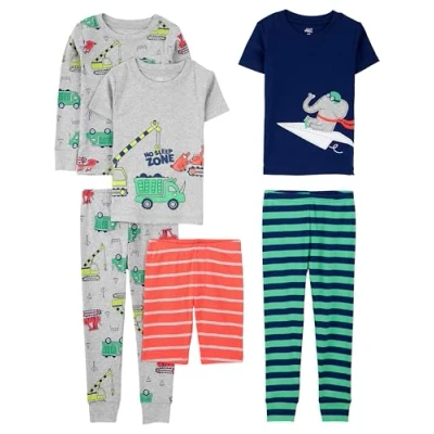 Afbeelding van Simple Joys by Carter&#039;s Jongens 6 delige Snug Fit katoenen pyjama set pyjamaset, Grijs vrachtwagens/groene strepen/marineblauw olifant/oranje strepen, 2 jaar (3 pack),
