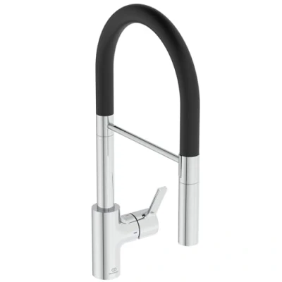Afbeelding van Ideal standard gusto 1 gats keukenkraan met semi pro uitloop handdouche 2 functies voorsprong 22 5cm chroom zwart bd417aa