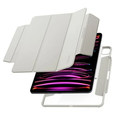 Afbeelding van Spigen AirSkin Pro Hoes Geschikt voor iPad 12.9 (2022/2021) Book Case met Standaard Sleep/Wake Functie Magnetisch Afneembare Cover Grijs