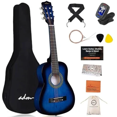 Afbeelding van ADM 1/4 maat junior concertgitaar voor kinderen en beginners met clip stemmer, tas, riem, extra snaren plectrums, blauw