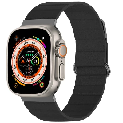 Afbeelding van Apple Watch bandje Kunstleder Zwart Geschikt voor Series 1/2/3/4/5/6/7/8/9/10/SE/Ultra/Ultra 2 (44/45/46/49 mm)