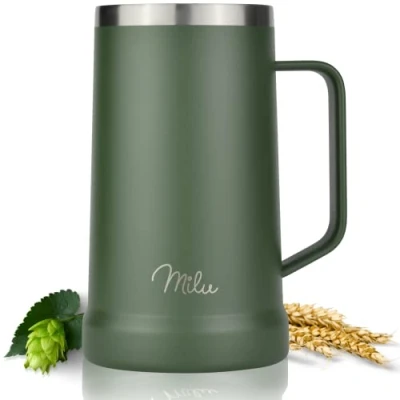 Afbeelding van Milu Bierpul van roestvrijstaal wit bier glas met afneembare deksel Bierseidel thermobeker isoleerbeker 7 uur koud cadeau voor mannen (Olijfgroen, 700ml)