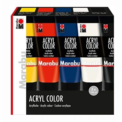 Afbeelding van Marabu 120100000087 Acryl Color Set, 5 x 100 ml in geel, vermiljoen rood, donkerblauw, wit en zwart, romige zijdematte acrylverf op waterbasis, sneldrogend, mengbaar goed dekkend
