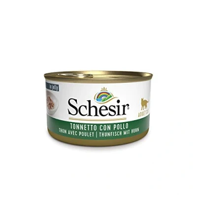 Afbeelding van Schesir, Natvoer voor volwassen katten met smaak, tonijn kippenfilets, zachte gelei, in totaal 2 kg (24 afzonderlijke blikjes à 85 g)