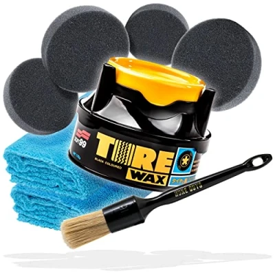 Afbeelding van detailmate Banden en kunststofverzorging bundel Premium, Soft99 Tire Black Wax 170 g + Nuke Guys detailing kwast 4 x applicatorpad 2 microvezeldoek, bandenwas met kleureffect
