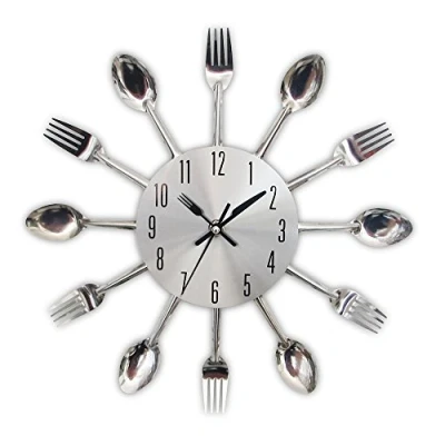 Afbeelding van Roestvrijstalen Keukengerei Klok Keukenbestek Wandklok met Getint Vork, Lepel, Spatel Design Keukenklok voor Kitchen Déco Binnen en Buiten Gebruik