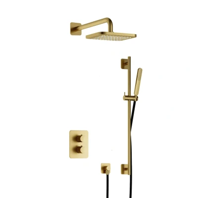 Afbeelding van Hotbath Gal Regendoucheset IBS40A Geborsteld Messing PVD Staaf Handdouche 22cm Hoofddouche Wandarm met glijstang