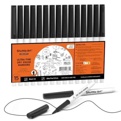 Afbeelding van Shuttle Art Whiteboardpennen met ultrafijne punt, 15 stuks zwarte whiteboardmarkers uitwisbaar, 0,7 mm viltstift voor schrijven op whiteboards, droogwisborden, planner school, kantoor, thuis