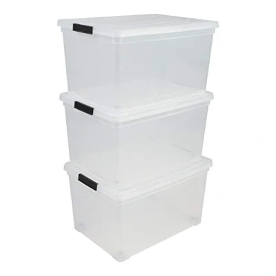 Afbeelding van Iris Ohyama, Plastic opbergdozen met deksel en clipsluiting, 50L, Set van 3, stapelbaar, BPA vrij, Slaapkamer, Kantoor, Woonkamer, NCS 320, helder
