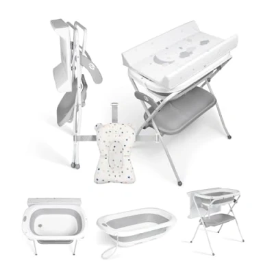 Afbeelding van Ms Babybad met poten, aankleedmat, verloopkussen en opbergmand comfortabel, gemakkelijk op te bergen, stoppen antislip voeten babybad, opvouwbaar draagbaar