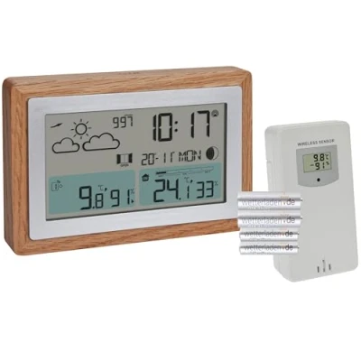 Afbeelding van TFA Dostmann Draadloos weerstation met buitensensor OAK, 35.1167 weersvoorspelling, houten frame, binnen en buitentemperatuur, ventilatie aanbeveling, dimbaar, radioklok, wekker, digitaal,