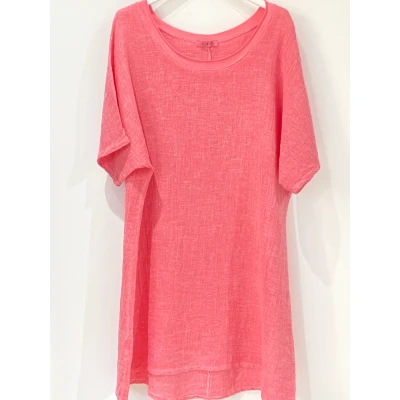 Afbeelding van Luchtige linnen mix jurk/tuniek kleur KORAAL korte raglan mouwen loze jurkje 38/40