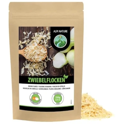 Afbeelding van Gedroogde uienvlokken (250 g), uien gesneden 5 30 mm, stukjes ui, ui gedroogd en gehakt, natuurlijk product, vrij van additieven, ideaal voor groenten, pasta, soepen, vlees vis