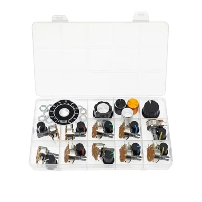 Afbeelding van WH148 5 polige horizontale potentiometer met 100R 100 Ohm schakelaar, variabele weerstanden 15 mm, geribbelde as, eindkappen van aluminiumlegering