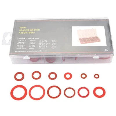 Afbeelding van Assortiment ringen 600, rood staal, papiervezel, platte ringen, isolatieschijf, assorti, set met doos, 12 verschillende maten (rood)