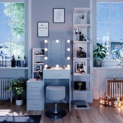 Afbeelding van Vicco Make uptafel set met kruk &quot;Conrada&quot;, Wit, 80 cm LED verlichting en