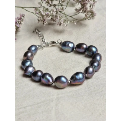 Afbeelding van Parel armband Zwarte grote zoetwaterparels Statement Stainless Steel Handgemaakt