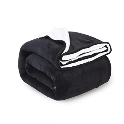Afbeelding van ComfyWell Sherpa fleecedeken, zacht en gezellig plaid deken, grote pluizige deken voor bank, bed, reizen, dikke thermische warme beddeken 130 x 150 cm. (reizen/enkel, zwart)