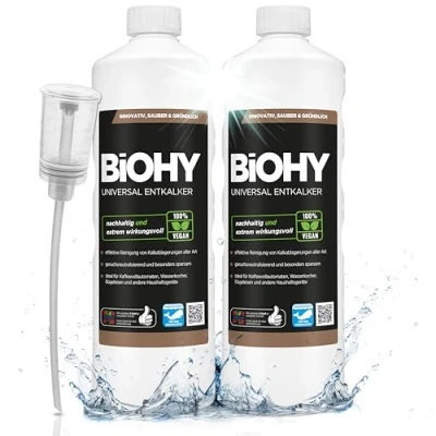 Afbeelding van BiOHY Universele ontkalker (2 x 1l Fles) + doseerder Universeel concentraat voor alle huishoudelijke apparaten Compatibel met koffiemachines en espressomachines (Entkalker)