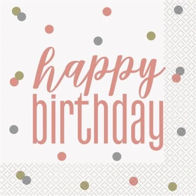 Afbeelding van Servetten Rose Goud Glitz Happy Birthday 33x33cm 16 stuks