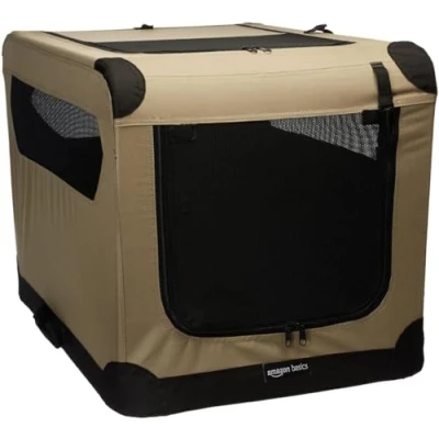 Afbeelding van Amazon Basics Zacht opvouwbare hondenkooi, L 76 x B 54 H cm, beige/zwart
