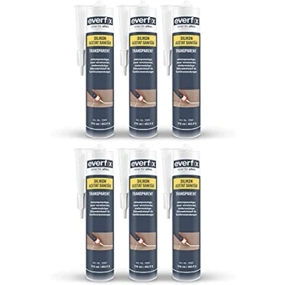 Afbeelding van EVERFIX Sanitair siliconen acetaat transparant (310 ml, 6 stuks) voor badkamer, douche en keuken om af te dichten voegen, buiten binnen, schimmelbestendig, schimmelwerend, waterdicht