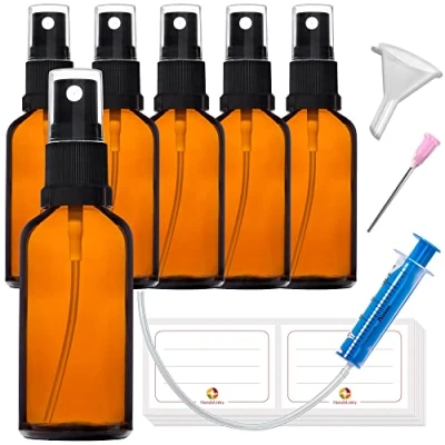 Afbeelding van HandsUnity 50ml 6st Verstuiver Glazen Fles Apotheek Amber set met Zwarte Spray gemaakt van Bruin Glas inclusief 17 hulp Accessoires