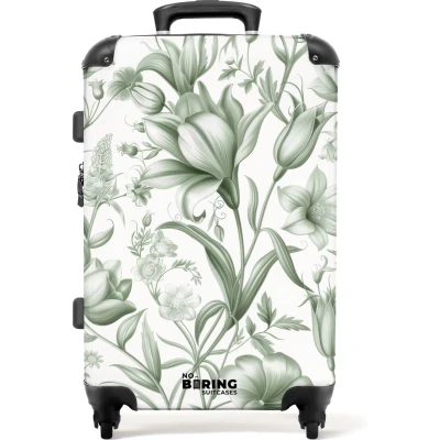 Afbeelding van NoBoringSuitcases.com® Koffer groot Rolkoffer lichtgewicht Wit met groene bloemen Reiskoffer 4 wielen Grote trolley XL 20 kg bagage