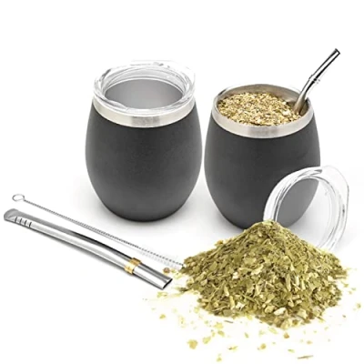 Afbeelding van BALIBETOV Mate Mokkenset (2 Yerba Theemokkenset, 5 Stuks) Bevat Twee Dubbelwandige 18/8 Roestvrijstalen Theemokken, Bombilla&#039;s En Een Reinigingsborstel (Zwart)