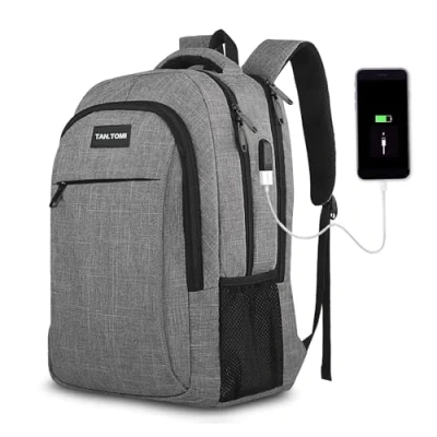 Afbeelding van MoFut Rugzak voor heren, groot, 17 inch laptoptas met verstelbare gesp en bagageriem, dagrugzak laptopvak, rugzak, handbagage, meerdere vakken, reisrugzak, grijs